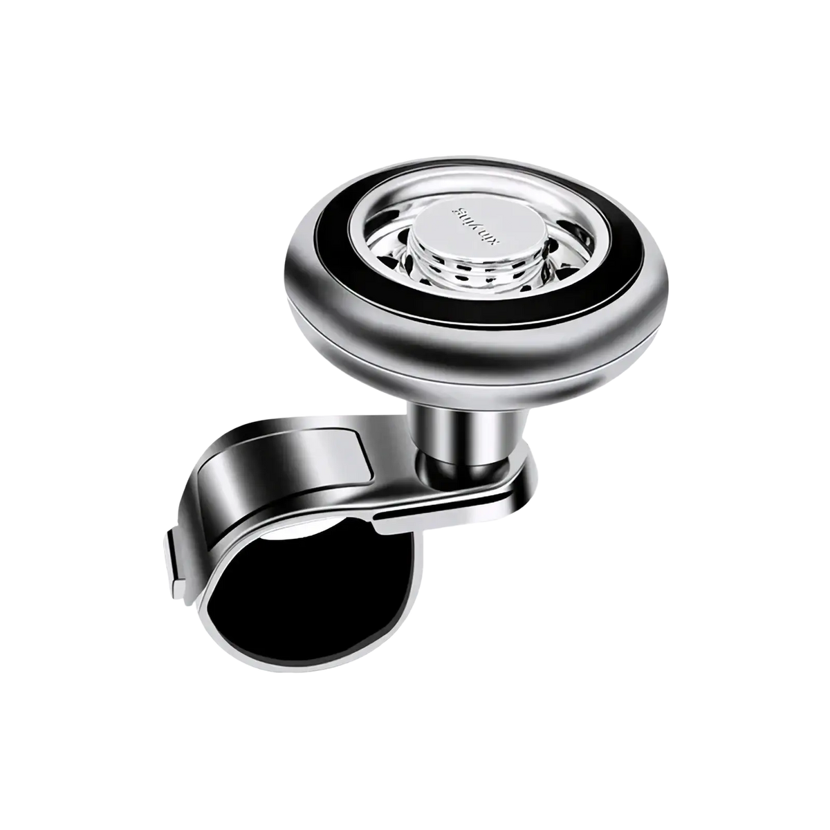 Silver and black magnetic car steering wheel-mounted phone holder with sleek modern design and 360 rotation universal fit