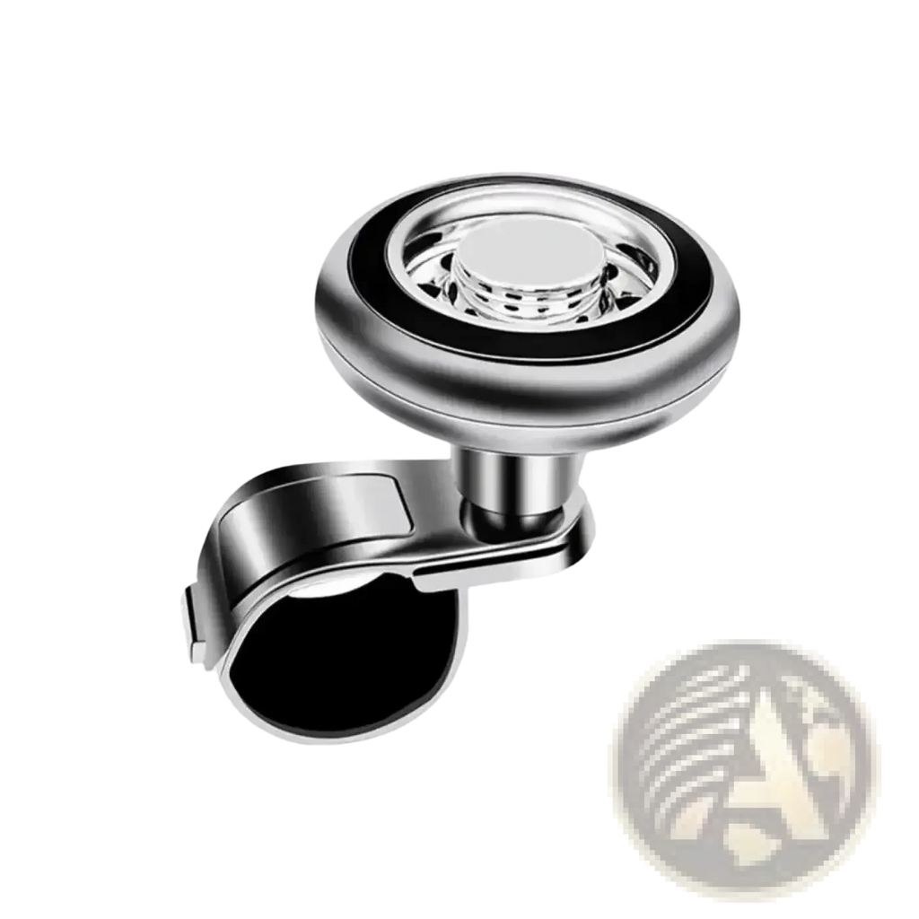 Silver and black magnetic car steering wheel-mounted flashlight with circular head and adjustable clamp for universal fit