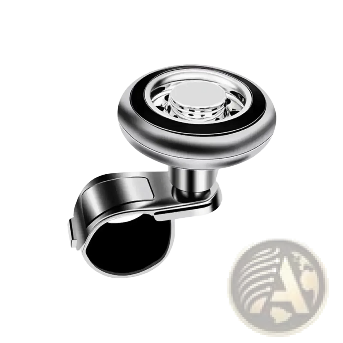 Silver and black magnetic car steering wheel-mounted flashlight with circular head and adjustable clamp for universal fit