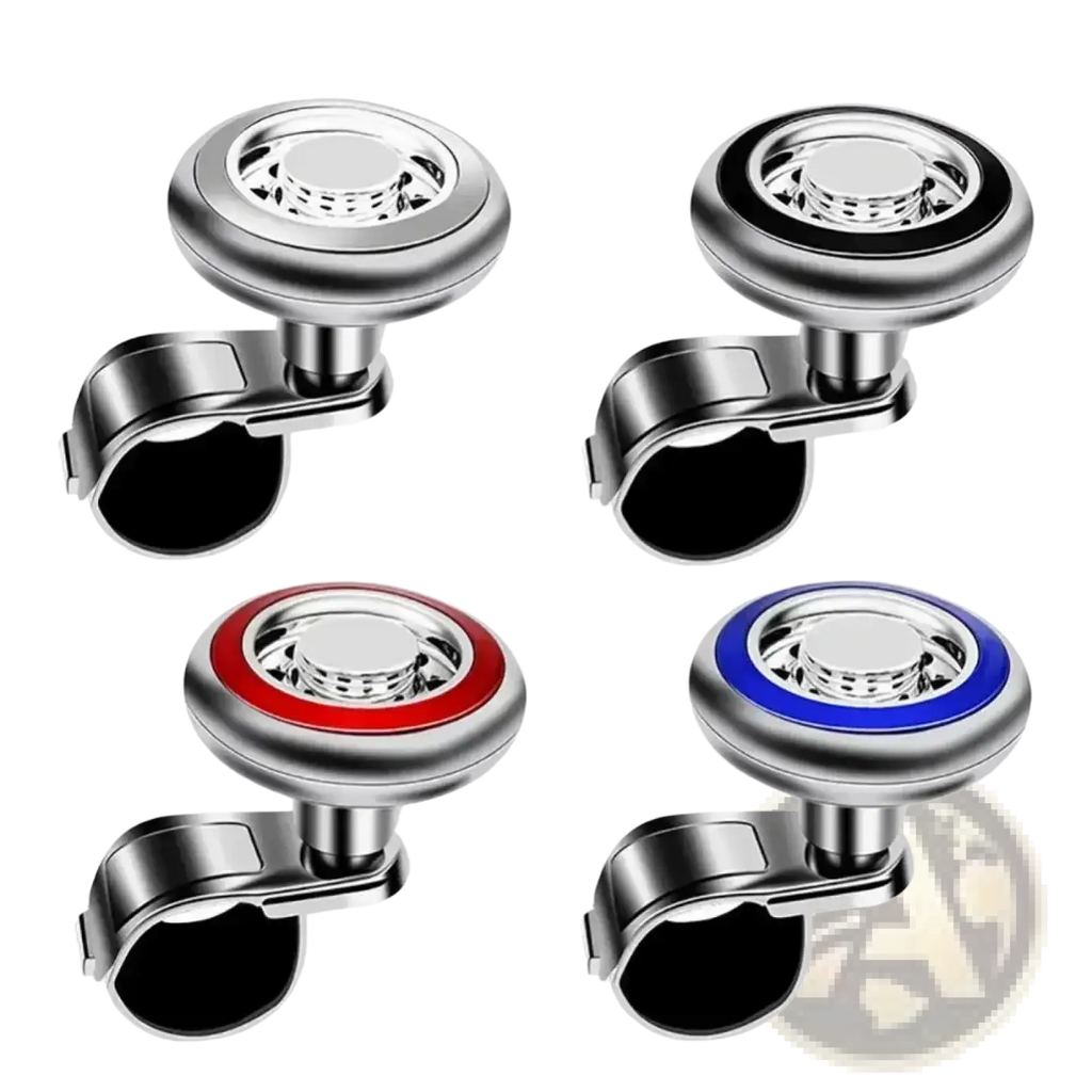 Silver and black steering wheel spinner with 360 rotation and red or blue accent rings for universal fit