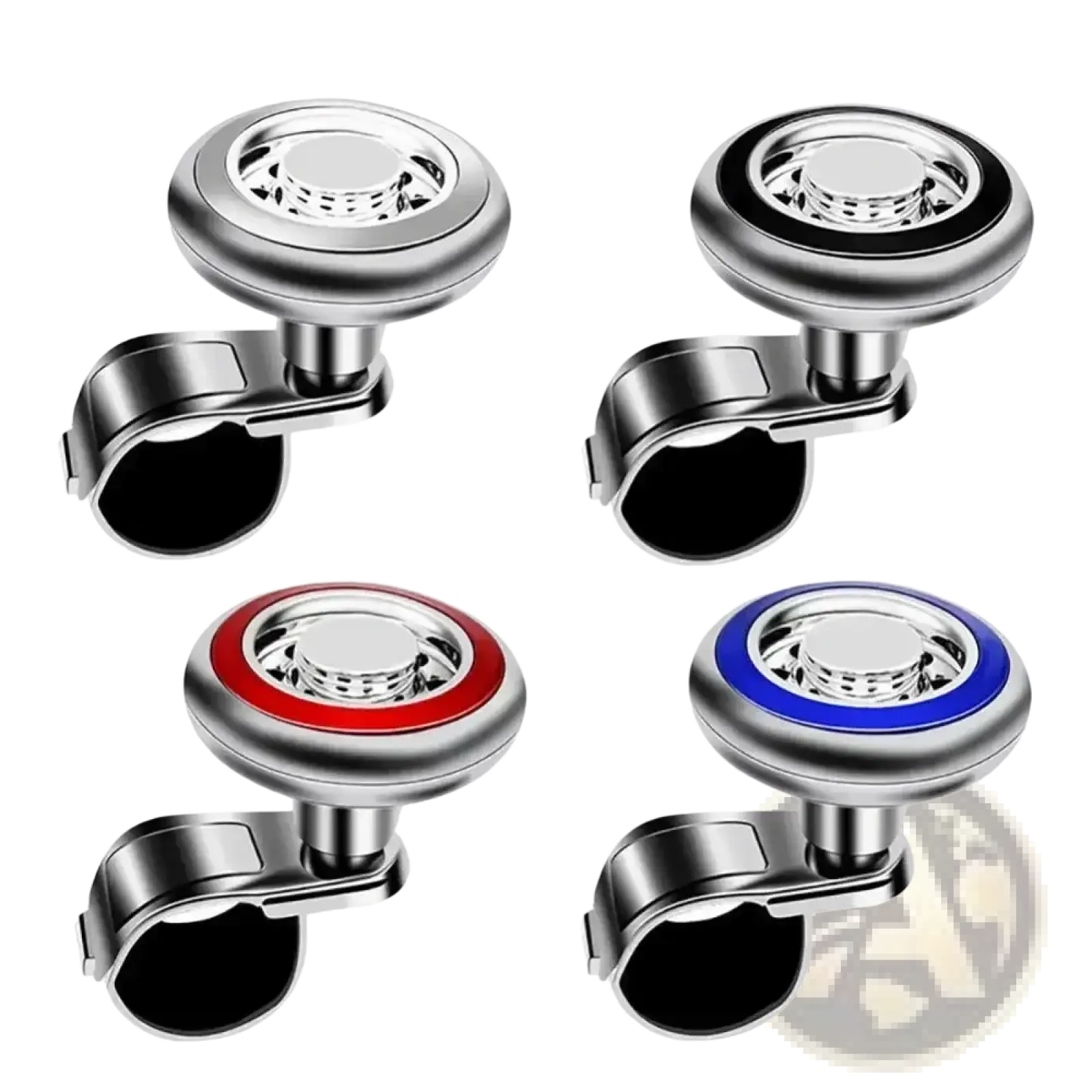 Silver and black steering wheel spinner with 360 rotation and red or blue accent rings for universal fit