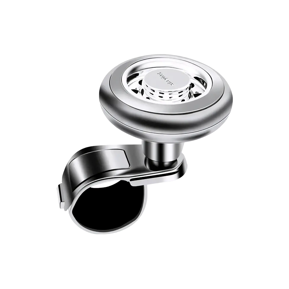 Silver metallic steering wheel spinner air freshener with 360 rotation and black rubber grip universal fit