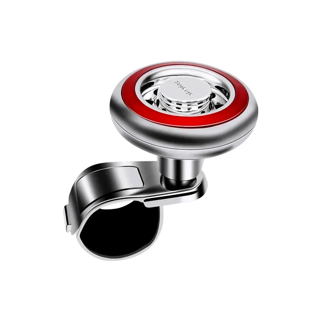 Silver and red magnetic steering wheel spinner with 360 rotation universal fit and sleek circular design