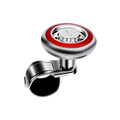 Silver and red magnetic steering wheel spinner with 360 rotation universal fit and sleek circular design
