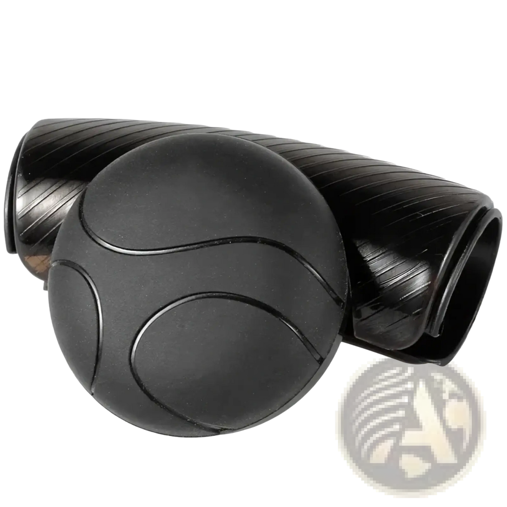 Black rubber steering wheel spinner knob with textured grip and ribbed cylindrical housing for 360 degree turn assist