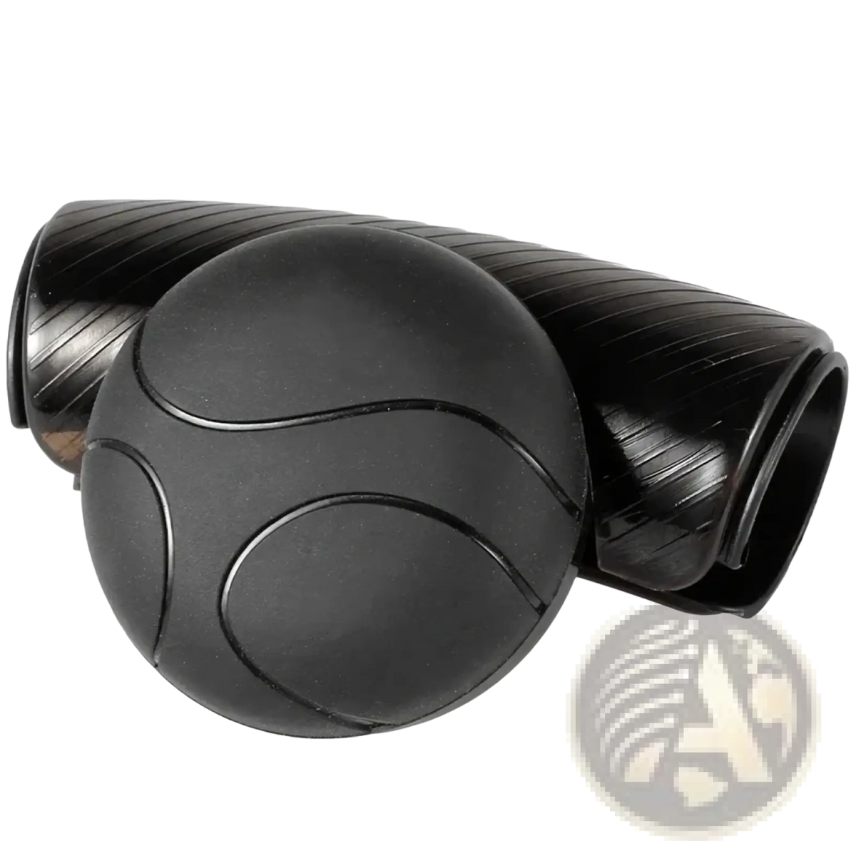 Black rubber steering wheel spinner knob with textured grip and ribbed cylindrical housing for 360 degree turn assist