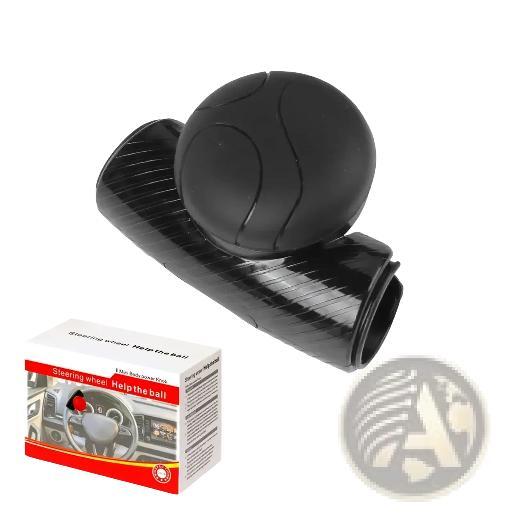 Black rubberized steering wheel spinner knob with textured ball grip and carbon fiber patterned base for 360 degree turn assist