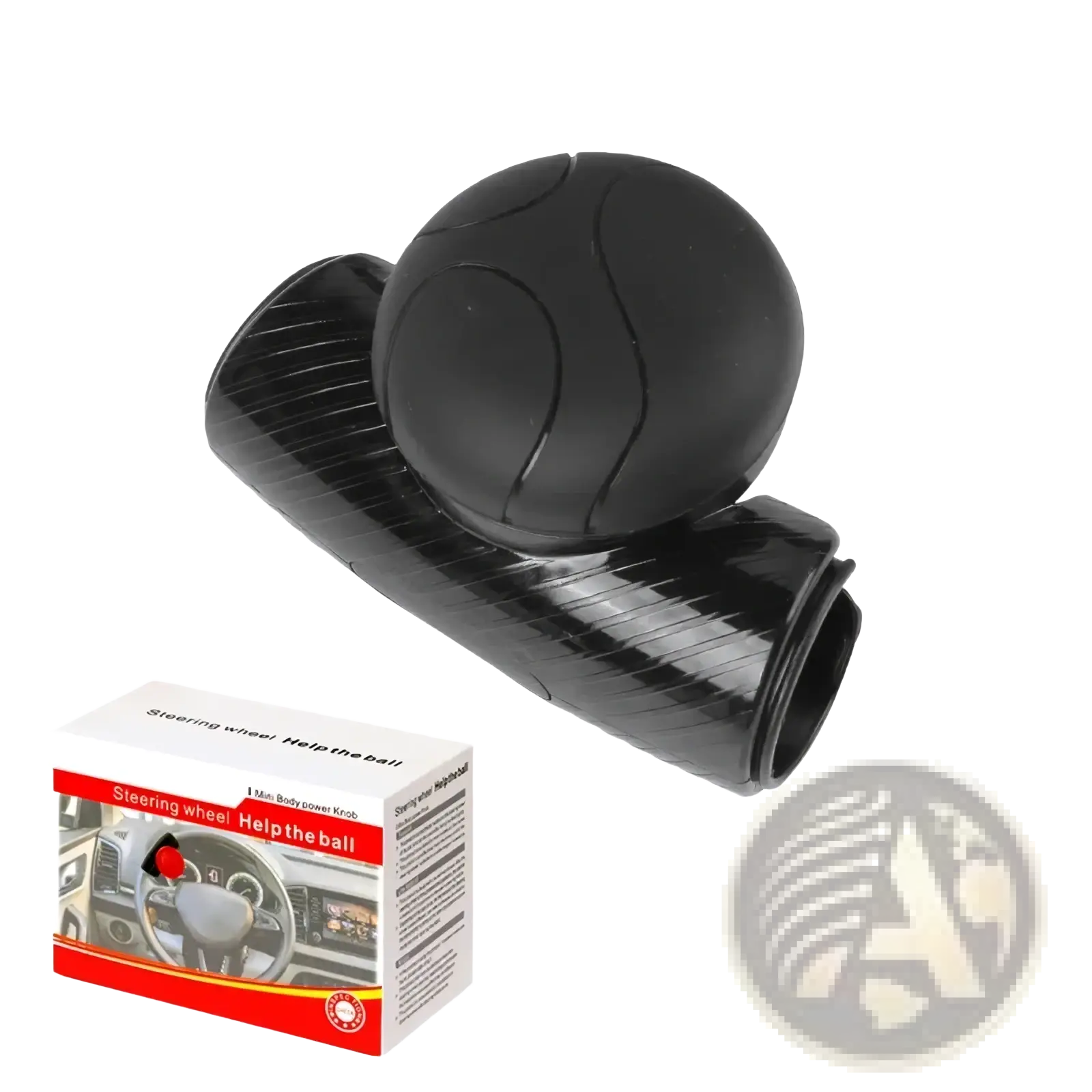 Black rubberized steering wheel spinner knob with textured ball grip and carbon fiber patterned base for 360 degree turn assist