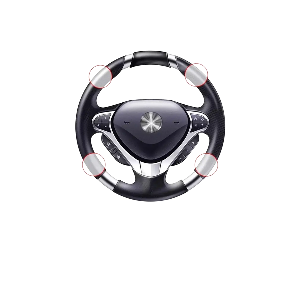 Black and silver steering wheel spinner knob with textured grip material for 360 degree turn assist