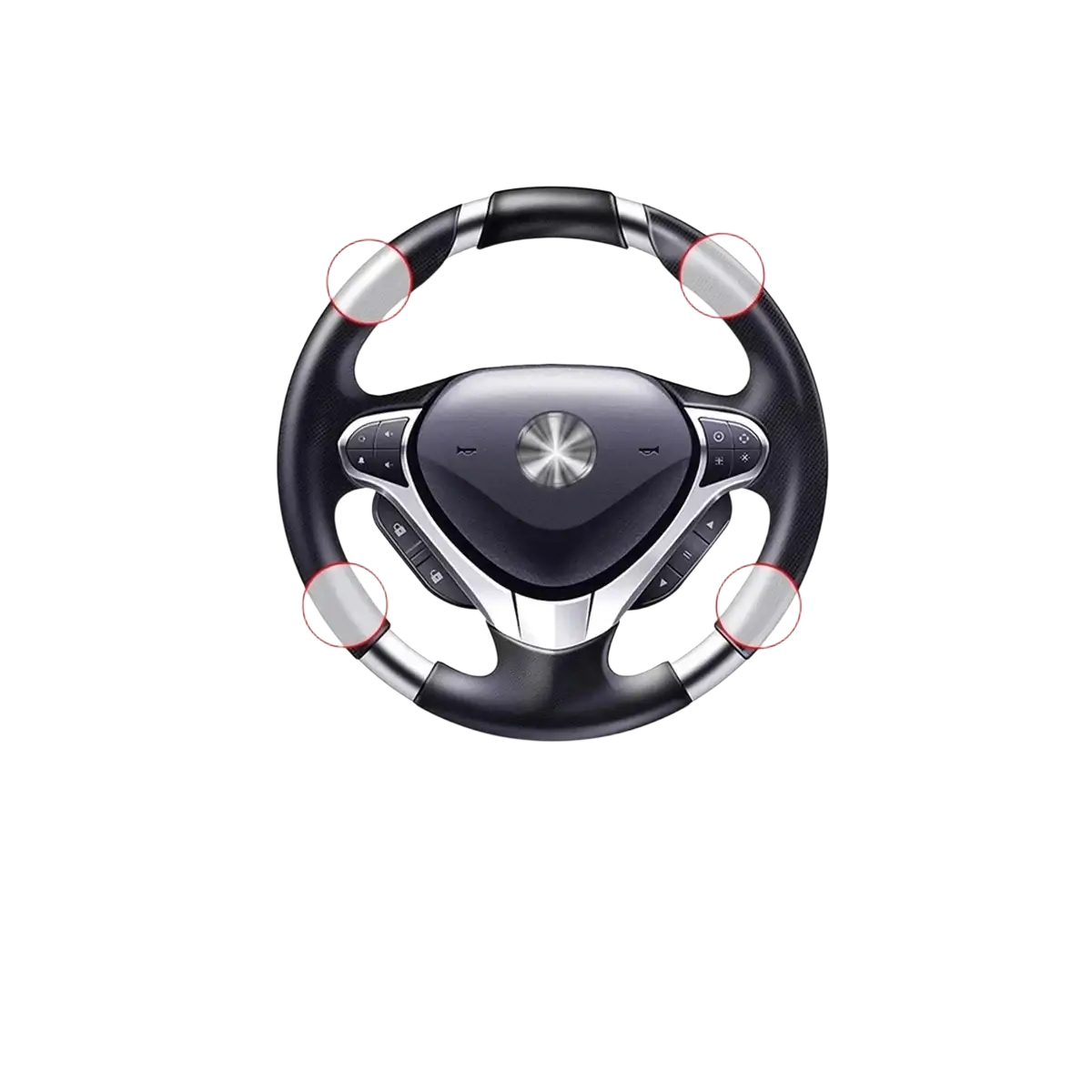 Black and silver steering wheel spinner knob with textured grip material for 360 degree turn assist