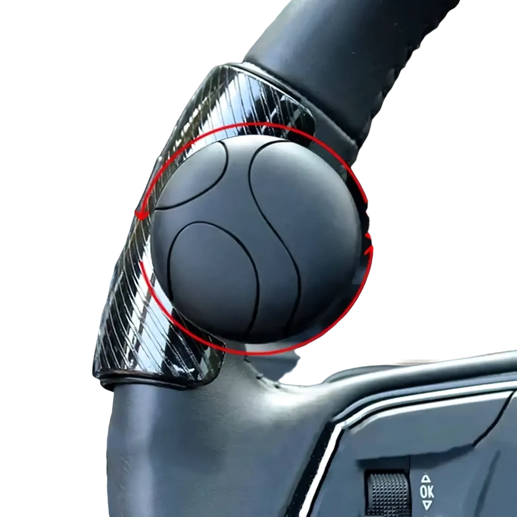 Black spherical steering wheel spinner knob with carbon fiber textured base and ergonomic contours for 360 degree turn assist