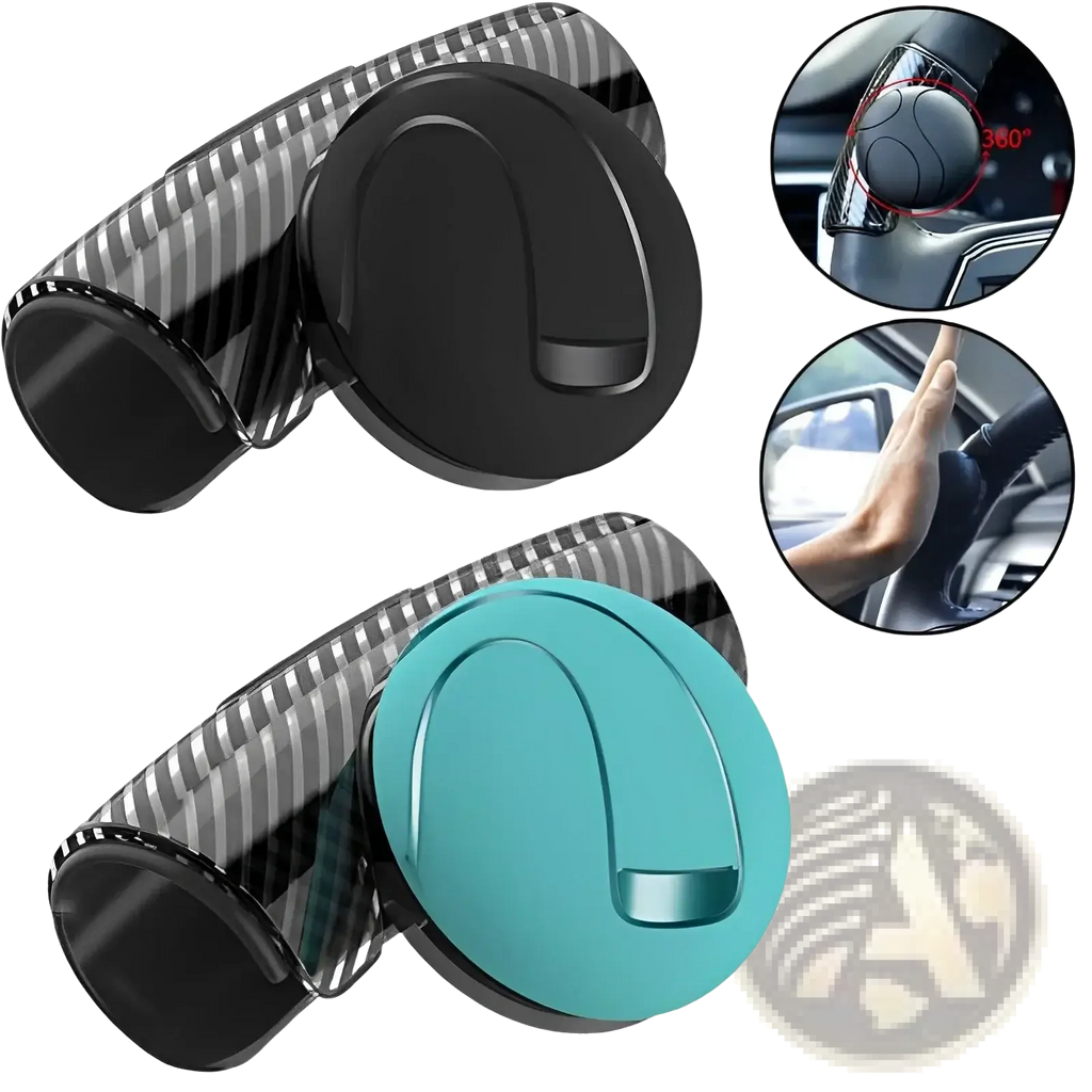 Steering wheel spinner knob with black and teal carbon fiber textured grips and magnetic circular ends for 360 degree turn assist