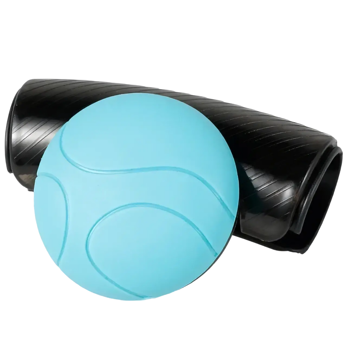Light blue spherical massage ball with curved lines beside black textured roller in steering wheel spinner knob set