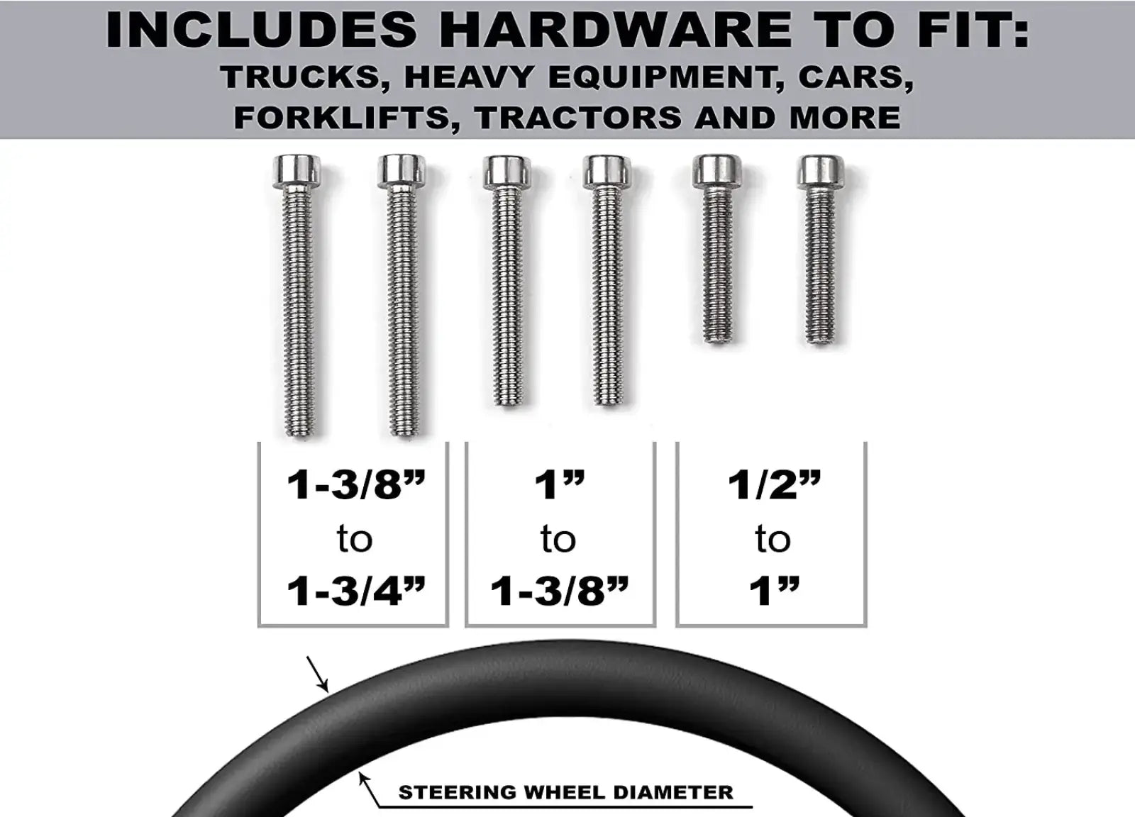 Set of stainless steel mounting bolts in three lengths for steering wheel spinner knob with black ergonomic grip