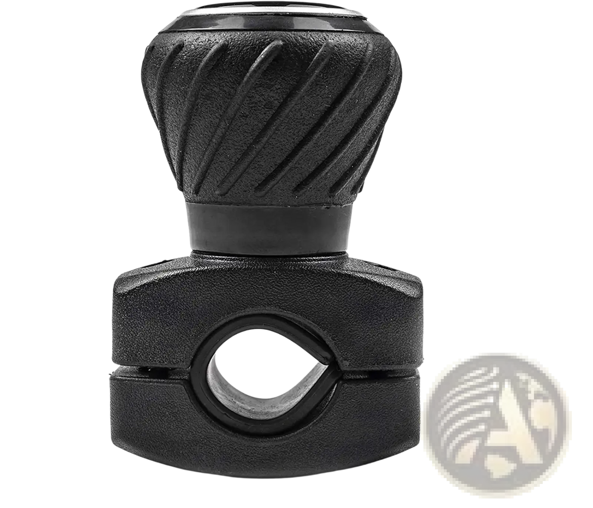 Black ergonomic steering wheel spinner knob with ribbed textured grip and central mounting clamp