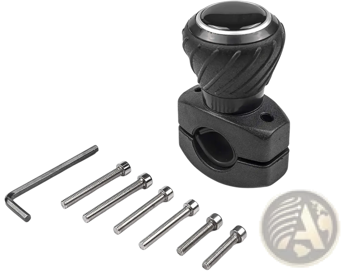Black ergonomic steering wheel spinner knob with textured grip silver metallic ring and matching mounting bracket