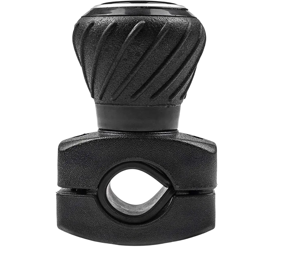Black ergonomic steering wheel spinner knob with ribbed textured grip and central mounting clamp