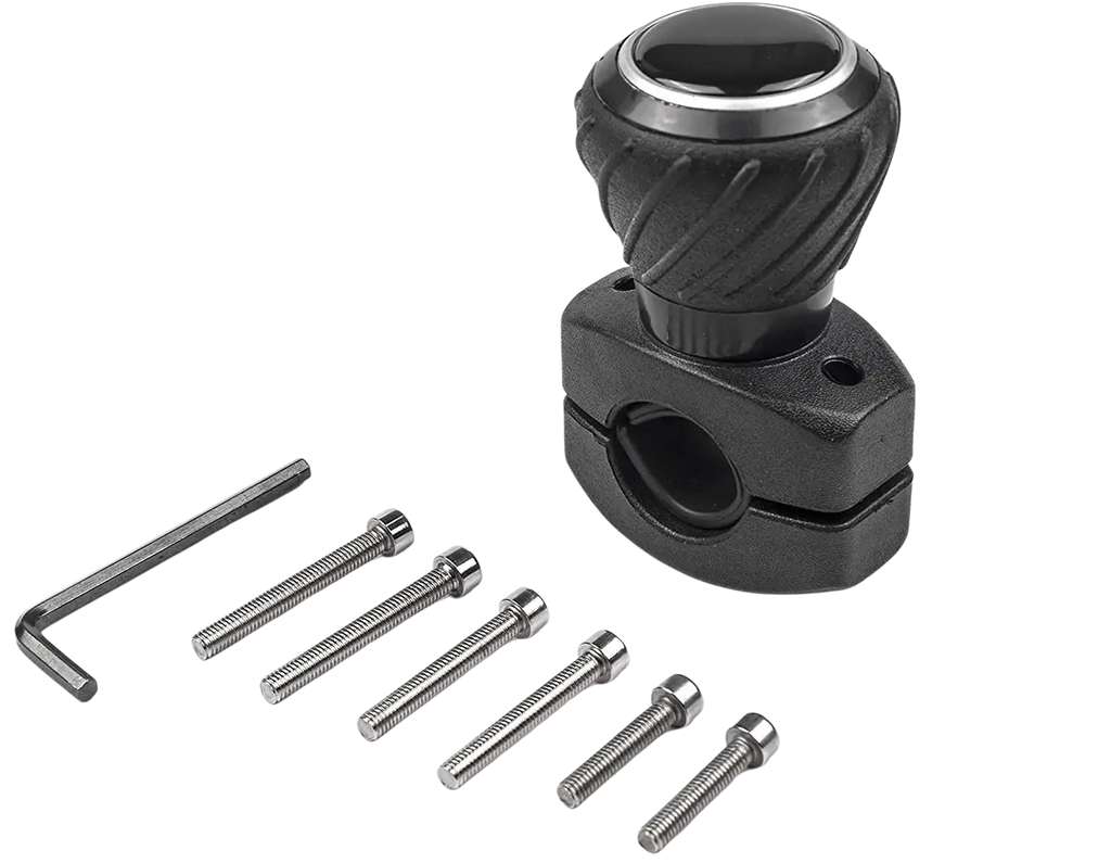 Black ergonomic steering wheel spinner knob with textured grip silver metallic ring and matching mounting bracket