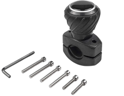 Black ergonomic steering wheel spinner knob with textured grip silver metallic ring and matching mounting bracket