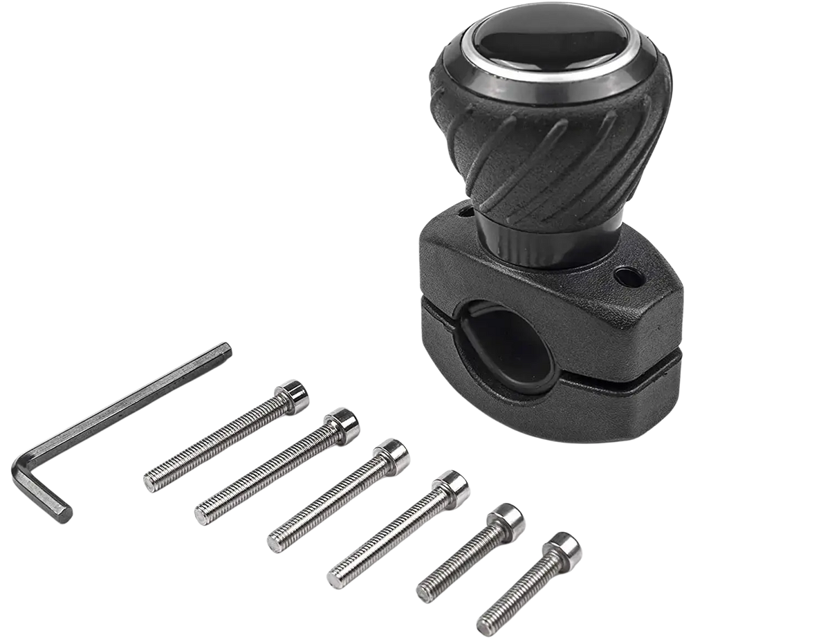 Black ergonomic steering wheel spinner knob with textured grip silver metallic ring and matching mounting bracket