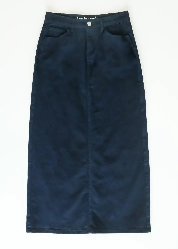 Dark blue denim skirt with straight cut front pockets part of Stella navy embroidered maxi denim skirt with back slit