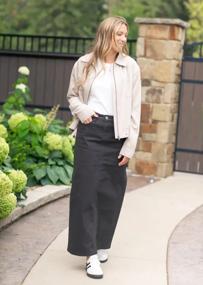 Stella onyx black high waisted wide leg denim maxi skirt with straight hemline in black denim material