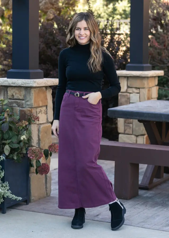 Stella orchid high waisted purple denim maxi skirt with a long flowing design fitted waistband and subtle side slits