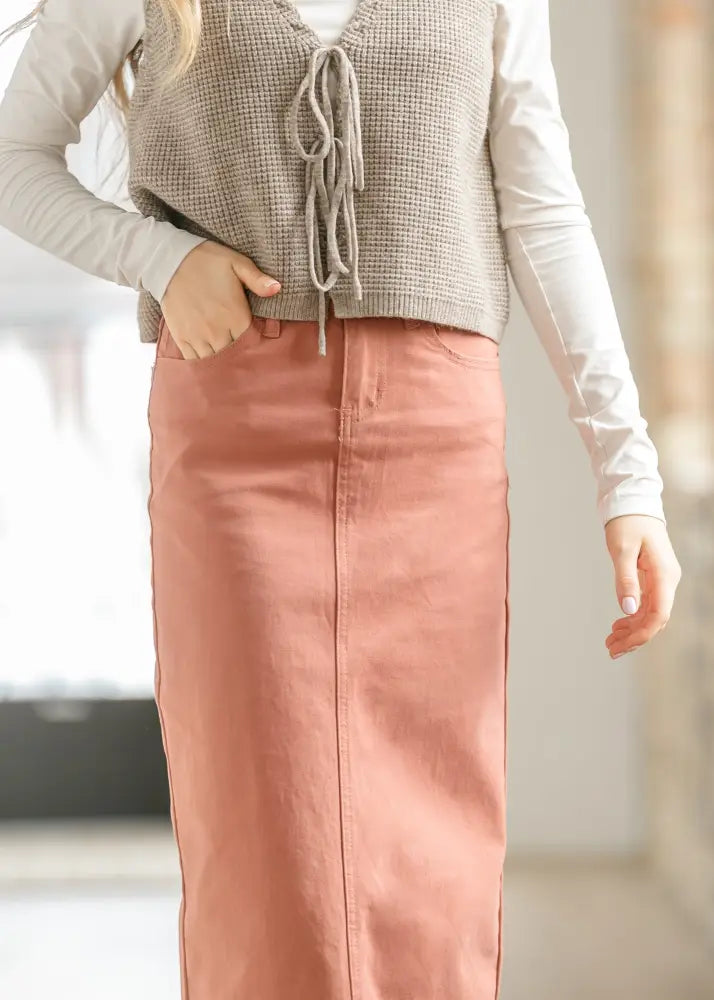 Stella Sienna high waisted midi skirt in soft rose color with smooth fabric finish and front seam detail