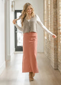 Stella Sienna high waisted stretch denim maxi skirt in soft peach with smooth fabric and subtle side seam detailing