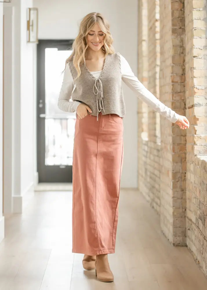 Stella Sienna high waisted stretch denim maxi skirt in soft peach with a subtle front seam and clean finish