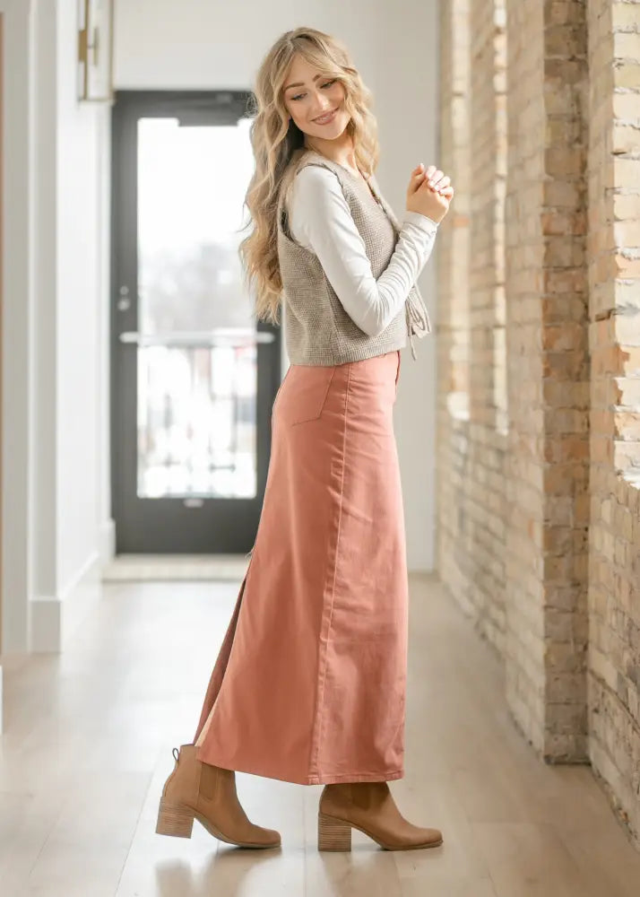 Stella Sienna high waisted stretch denim maxi skirt in soft peach with front pocket and subtle side slit