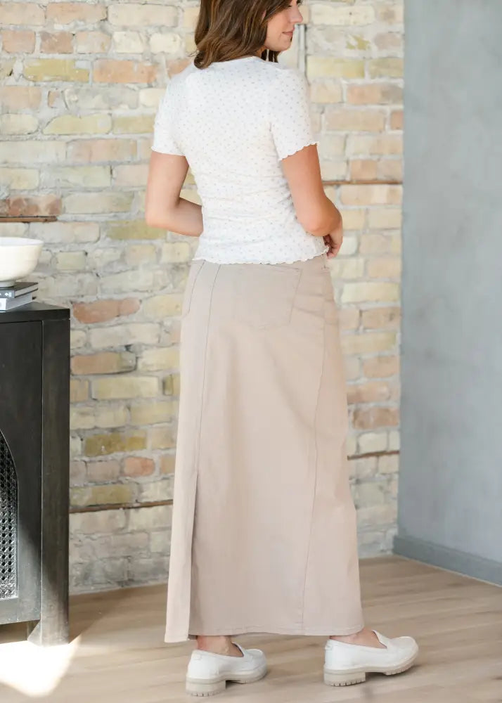 Beige taupe denim high waisted midi skirt with central front slit and side pockets by stella simply
