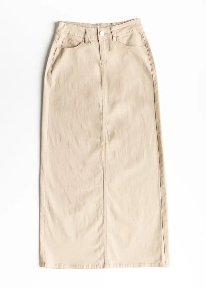 Beige taupe denim high waisted maxi skirt with front button closure and side pockets by Stella Simply