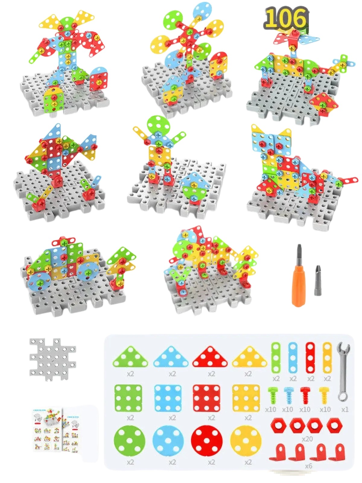Colorful plastic stem drill screws puzzle blocks building set with 106 pieces for creating animal and figure models