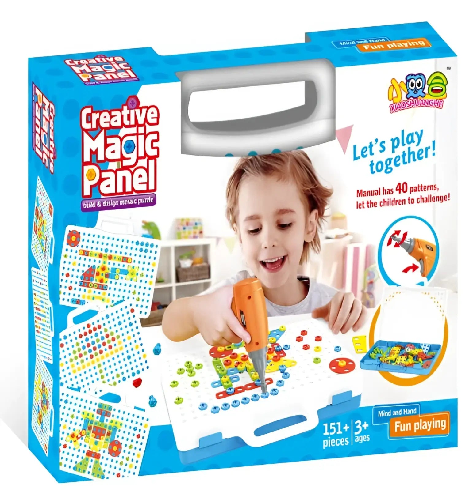 Blue and white stem drill screws puzzle blocks building set with colorful plastic pieces for creative mosaic design