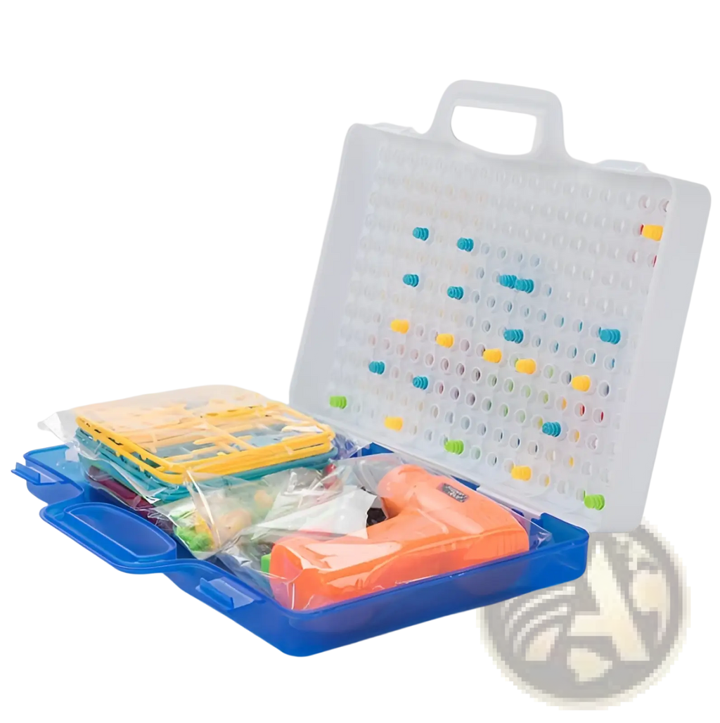 Blue plastic stem drill screws puzzle blocks building set with white pegboard lid and colorful pieces inside tool kit