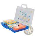 Blue plastic stem drill screws puzzle blocks building set with white pegboard lid and colorful pieces inside tool kit