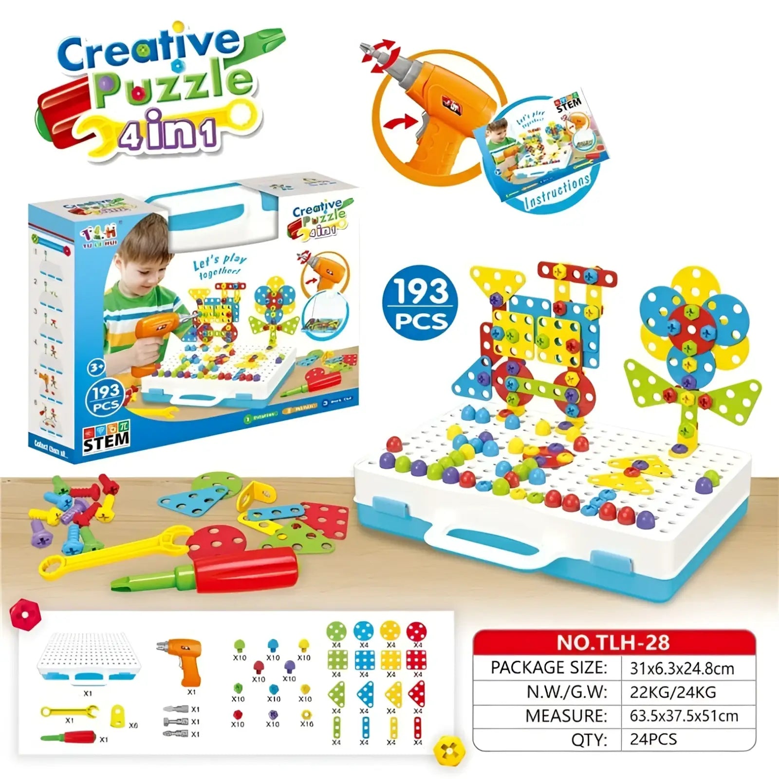 Stem drill screws puzzle blocks building set with brightly colored plastic pegs gears and tools on white and blue base