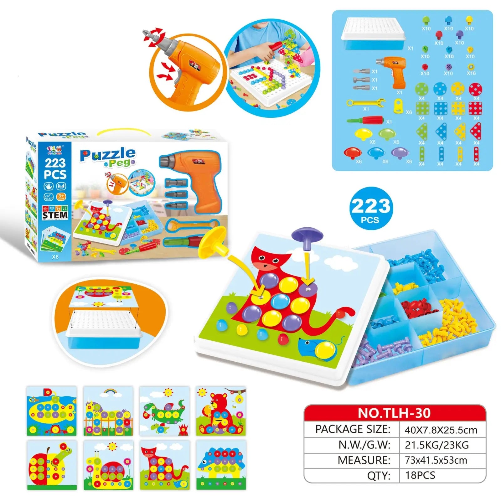 Stem drill screws puzzle blocks building set featuring orange and blue pegs animal boards and a toy drill