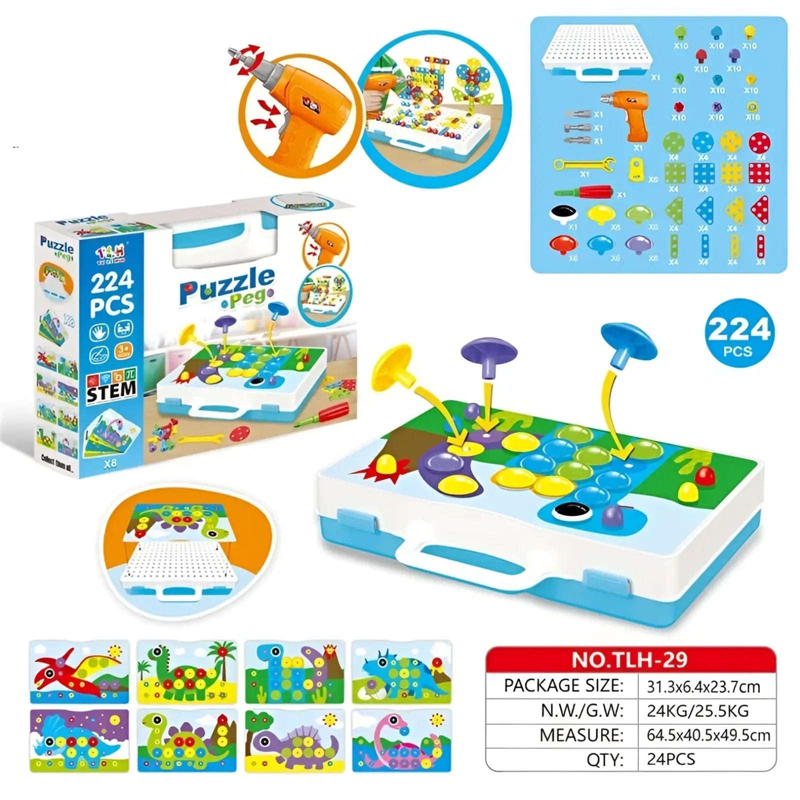 Blue and white plastic stem drill screws puzzle blocks building set with colorful pegs tools and dinosaur-themed designs