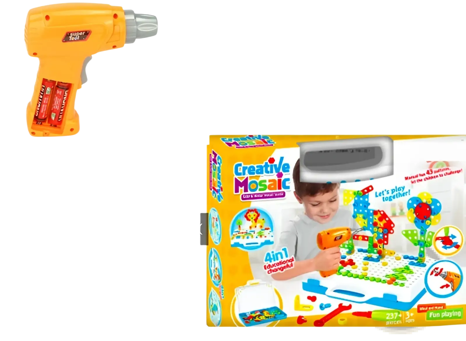 Yellow plastic toy drill with gray chuck and red batteries for stem drill screws puzzle blocks building set