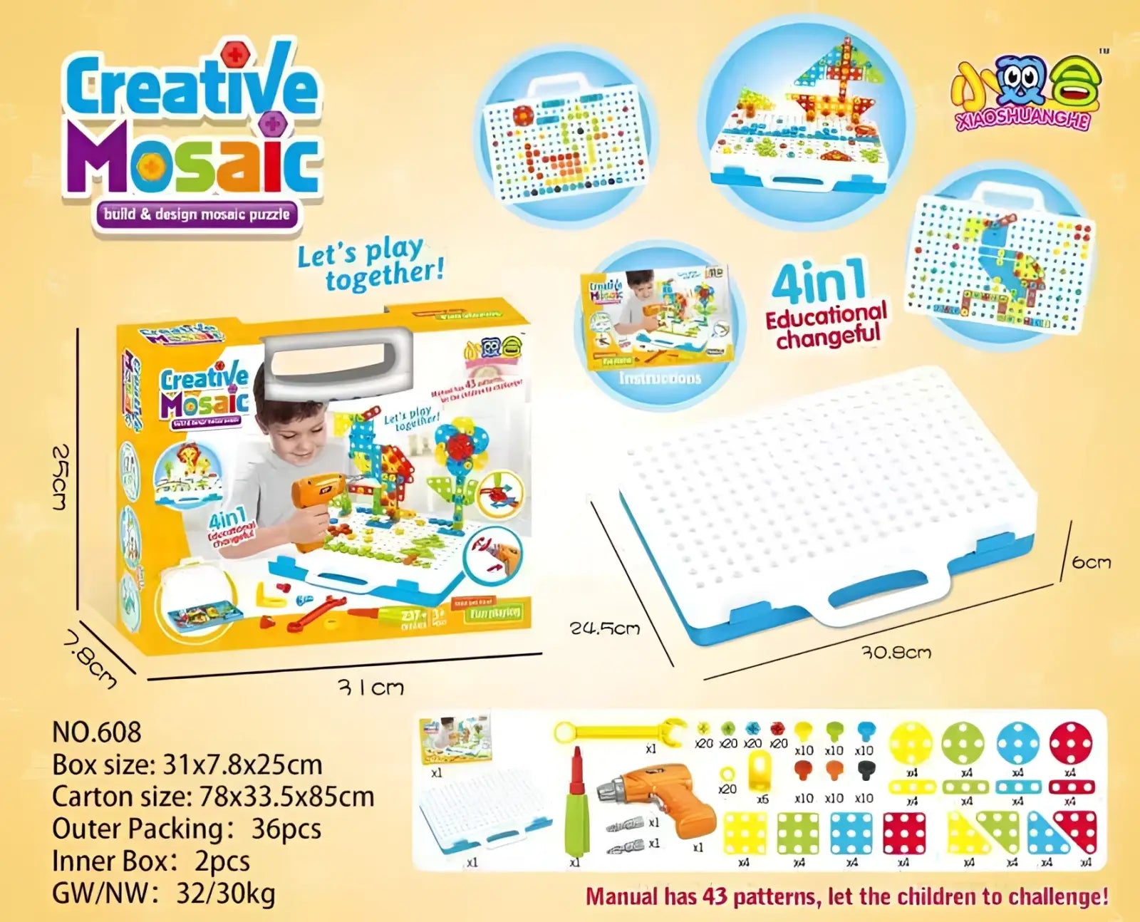 White and blue creative mosaic 4-in-1 educational puzzle board with colorful patterned tiles in stem drill screws set