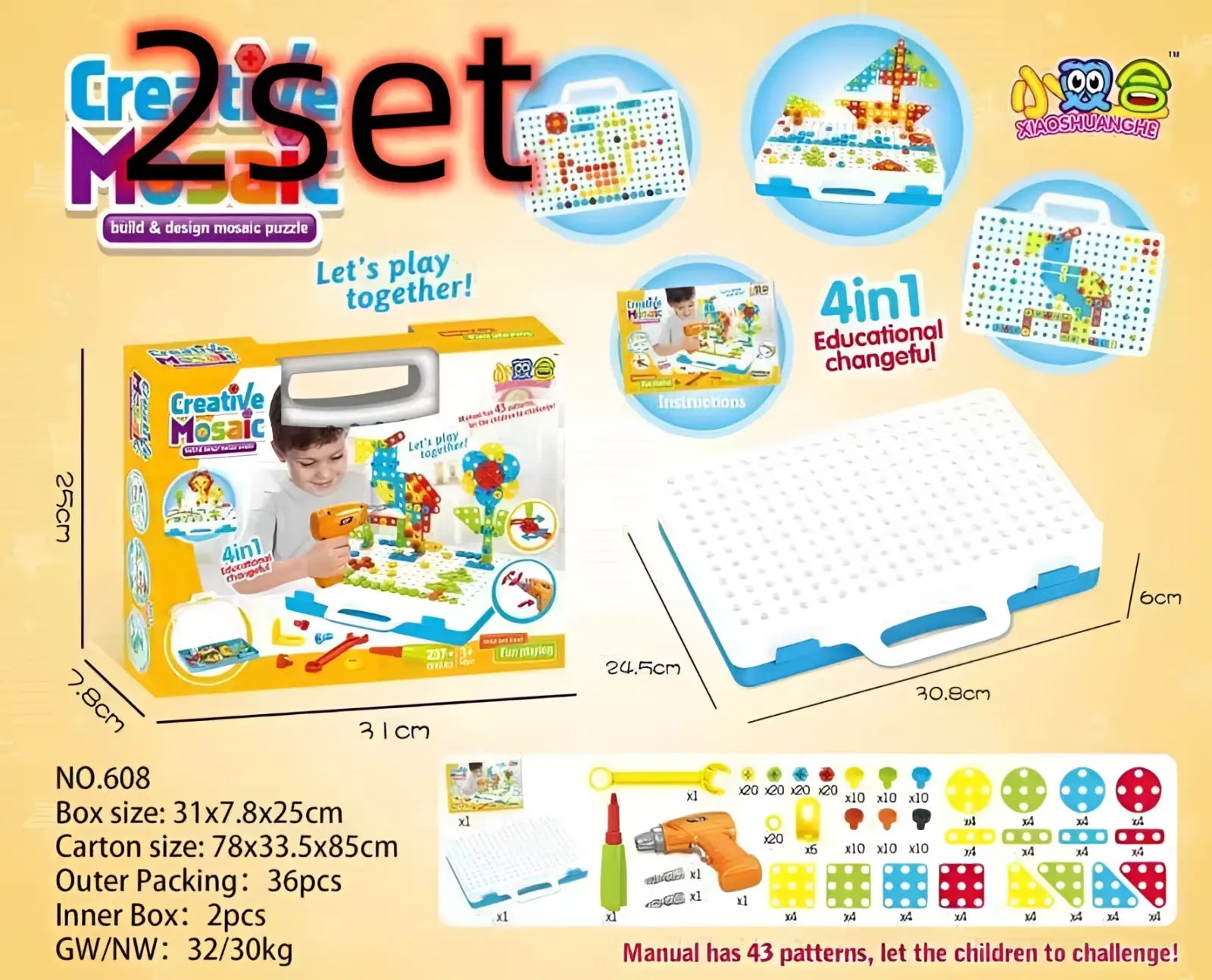 Stem drill screws puzzle blocks building set with white and blue plastic mosaic board and colorful pegs and tools