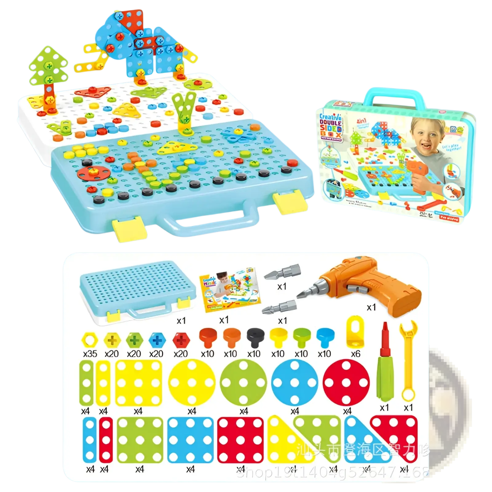 Stem drill screws puzzle blocks building set with blue plastic geometric pieces and small orange electric drill toy