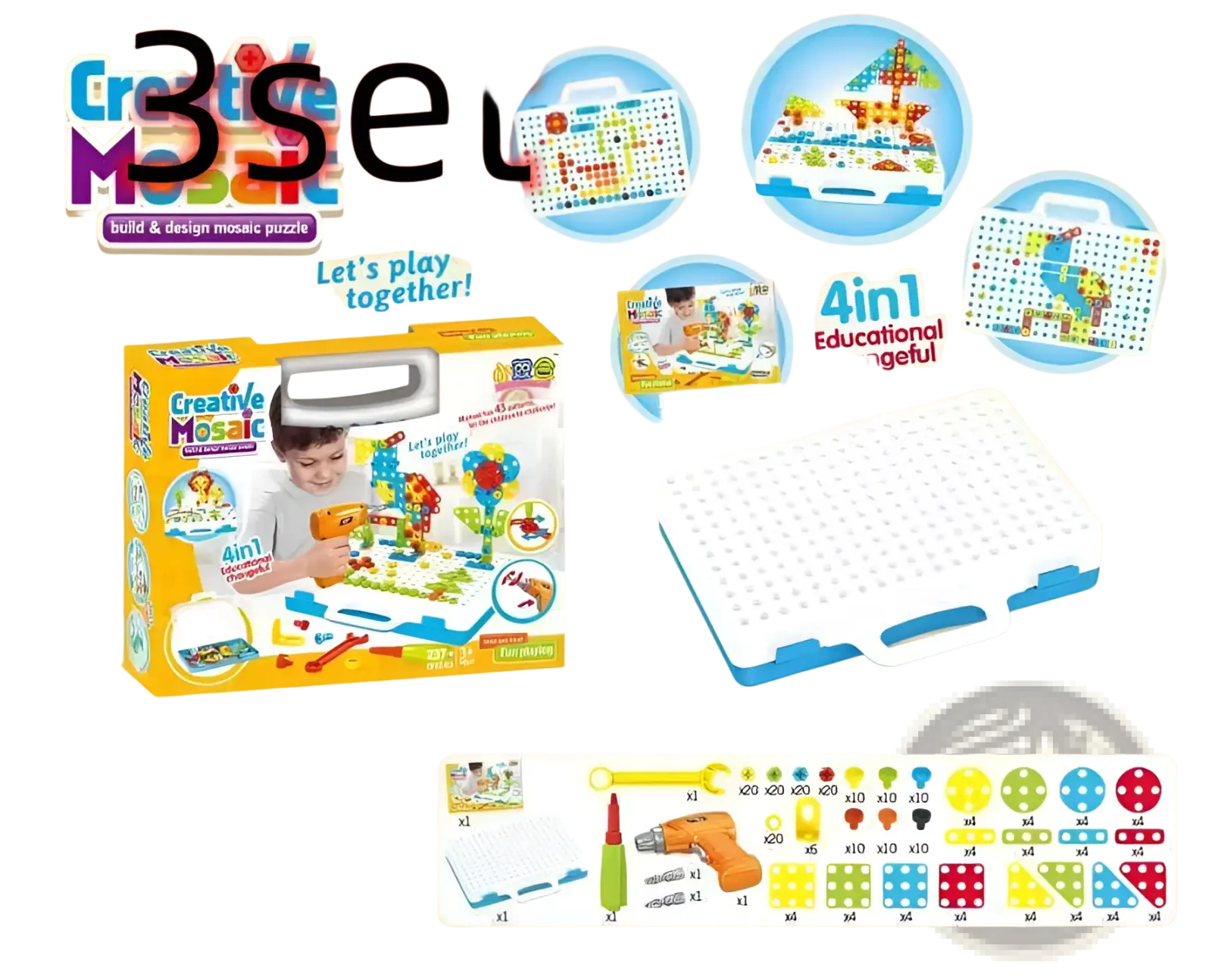 Stem drill screws puzzle blocks building set with colorful mosaic tiles and white blue base board for educational play