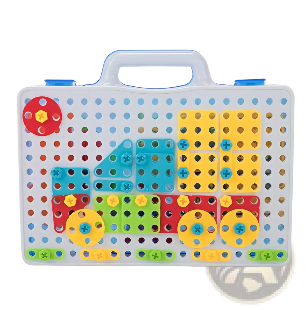 Stem drill screws puzzle blocks building set with colorful plastic pegboard train design on white base
