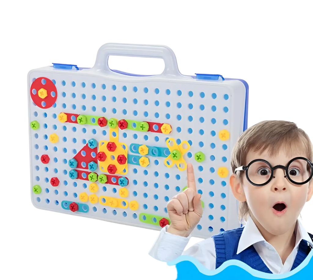 Stem drill screws puzzle blocks building set colorful geometric pegboard in white plastic case with blue accents
