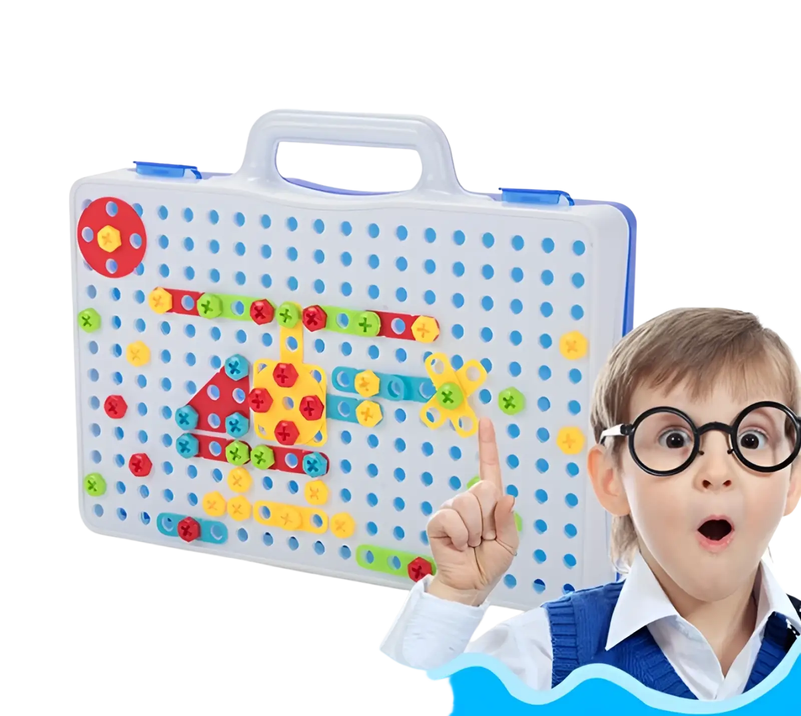 Stem drill screws puzzle blocks building set colorful geometric pegboard in white plastic case with blue accents