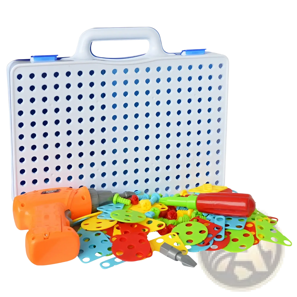 Stem drill screws puzzle blocks building set with brightly colored plastic tools and perforated pieces in white case