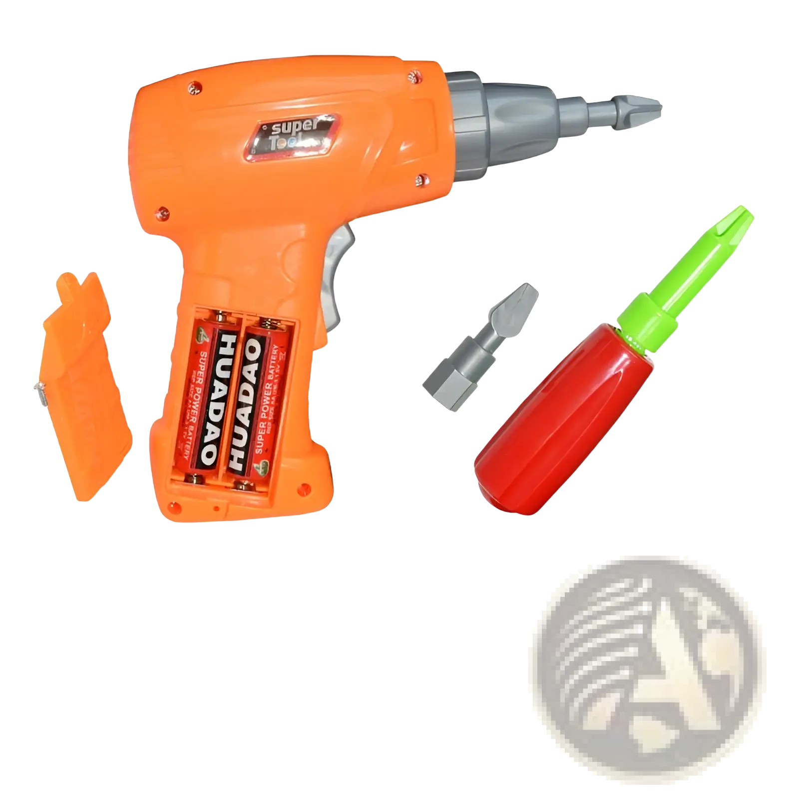 Bright orange plastic stem drill with gray and green accents and super tool label for screws puzzle blocks set